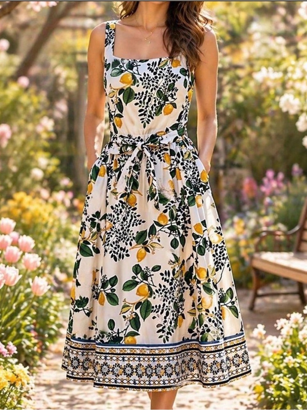 Roz & Ali Sleeveless Lemon Print Midi Dress in White